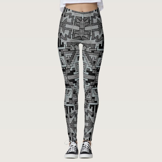 Geometric Tribal/Ethnic Pattern, Bluish grey Leggings (Front)