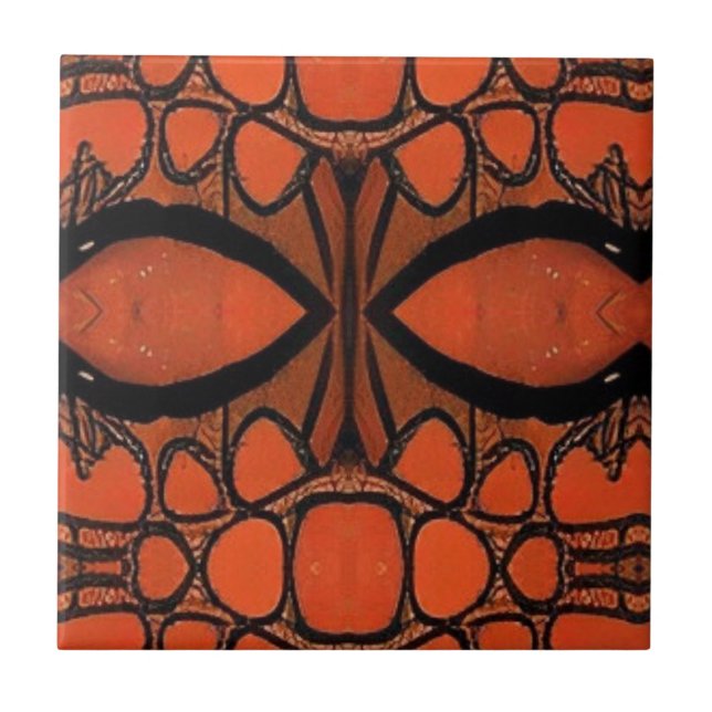 Geometric tribal mosaic abstract orange black eyes tile (Front)