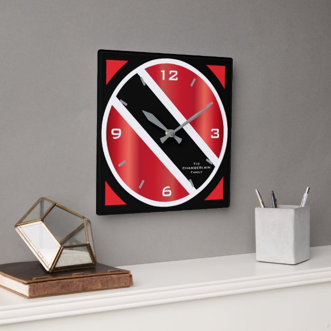 Geometric Trinidad and Tobago Flag and FAMILY NAME Square Wall Clock (Office)