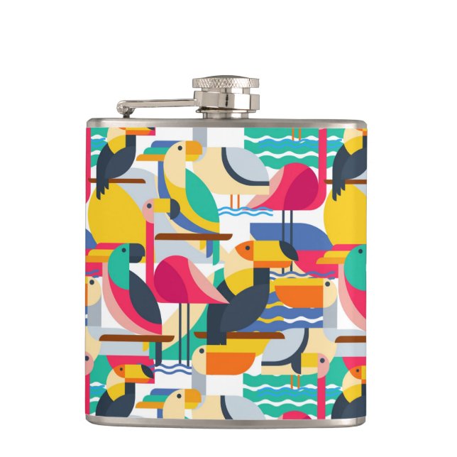 Geometric Tropical Birds Hip Flask (Front)