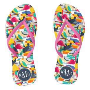 Geometric Tropical Birds   Monogram Flip Flops