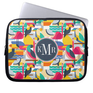 Geometric Tropical Birds   Monogram Laptop Sleeve