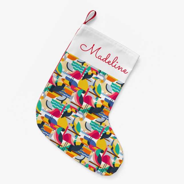 Geometric Tropical Birds | Monogram Small Christmas Stocking (Front (Hanging))