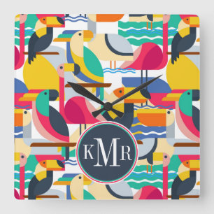 Geometric Tropical Birds   Monogram Square Wall Clock