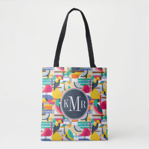 Geometric Tropical Birds   Monogram Tote Bag