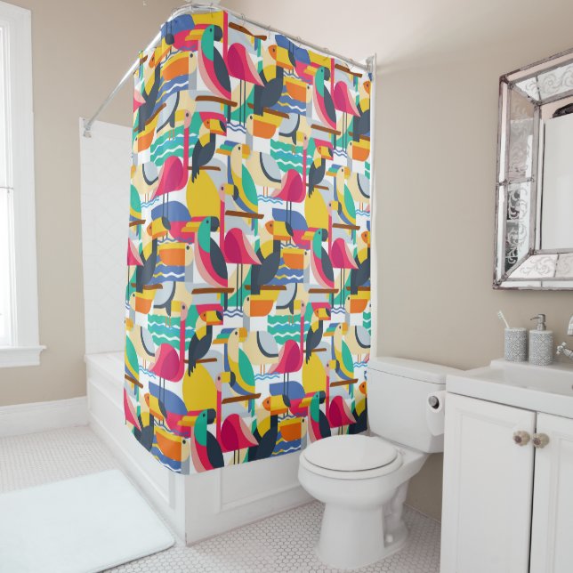 Geometric Tropical Birds Shower Curtain (In Situ)