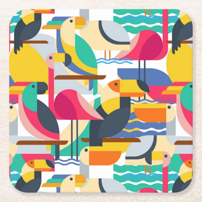 Geometric Tropical Birds Square Paper Coaster (Front)
