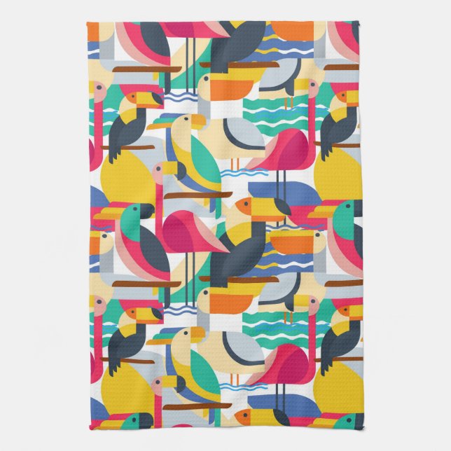 Geometric Tropical Birds Tea Towel (Vertical)