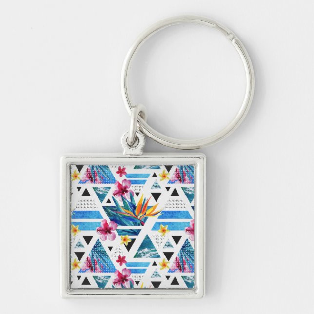 Geometric Tropical Flowers Pattern Key Ring (Front)
