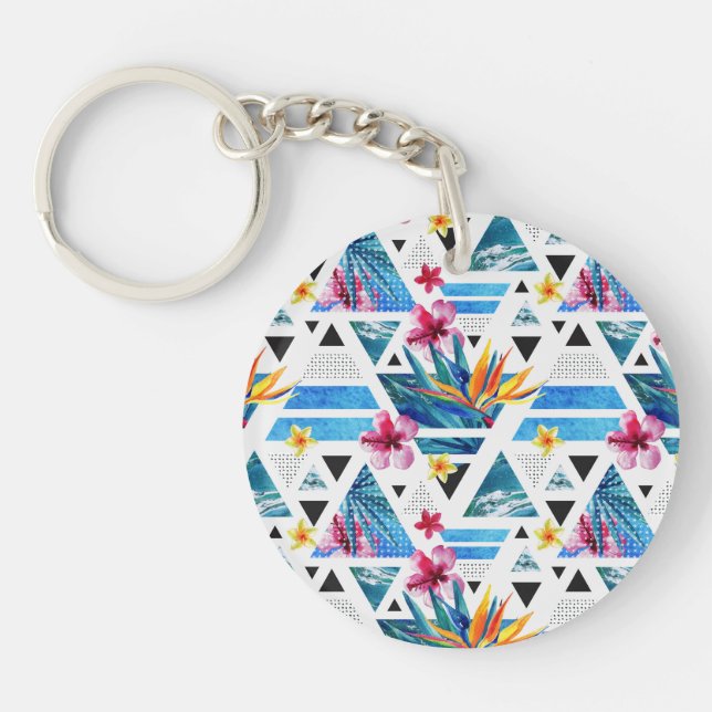 Geometric Tropical Flowers Pattern Key Ring (Front)