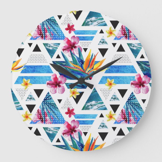 Geometric Tropical Flowers Pattern Large Clock (Front)