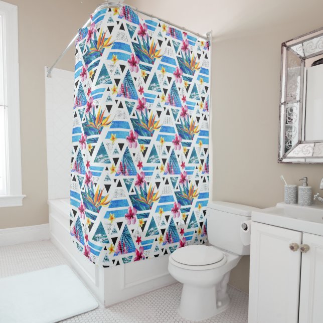 Geometric Tropical Flowers Pattern Shower Curtain (In Situ)