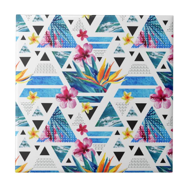 Geometric Tropical Flowers Pattern Tile (Front)