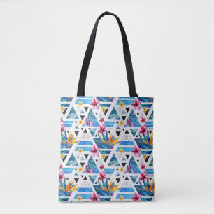 Geometric Tropical Flowers Pattern Tote Bag