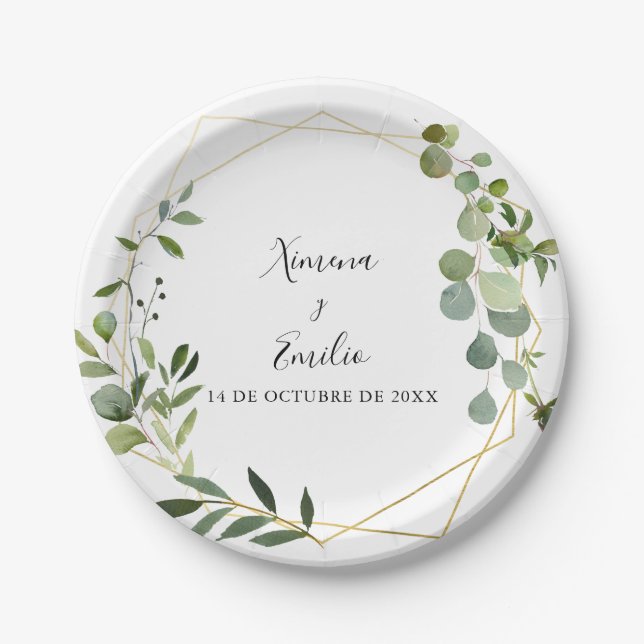 Geometric Tropical Green Spanish Wedding Cake Paper Plate (Front)