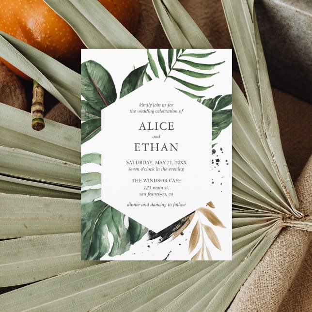 Geometric Tropical Greenery Wedding Invitation (Creator Uploaded)