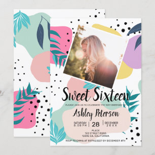 Geometric tropical leaf shapes chic photo Sweet 16 Invitation