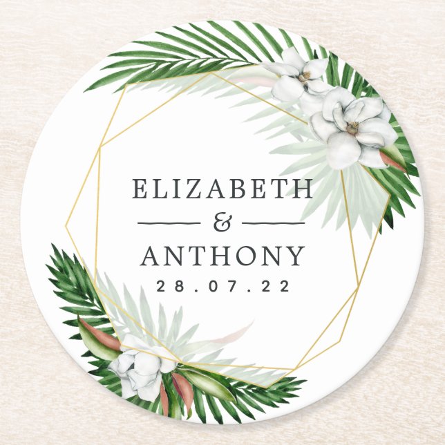Geometric Tropical Orchids Beach Wedding Round Paper Coaster (Front)