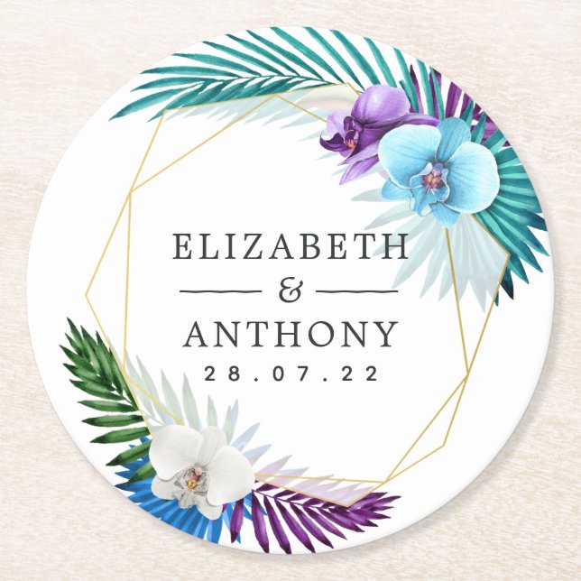 Geometric Tropical Orchids Beach Wedding Round Paper Coaster (Front)