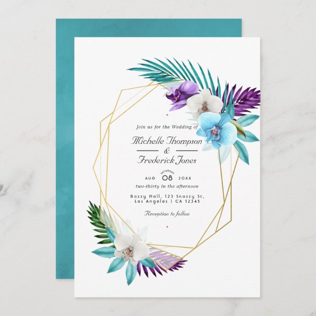 Geometric Tropical Orchids QR Code RSVP Wedding Invitation (Front/Back)