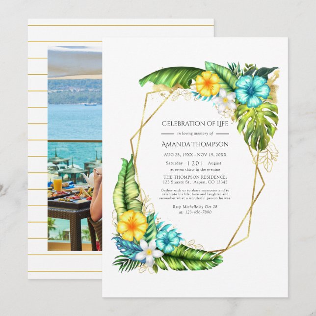 Geometric Tropical Summer Celebration of Life Invitation (Front/Back)