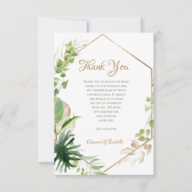 Geometric Tropical Watercolor Green Gold Leaves Thank You Card (Front)