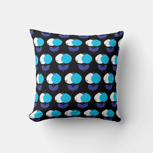 Geometric Tulips Blue and Black Cushion (Front)