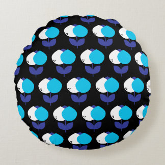 Geometric Tulips Blue and Black Round Cushion