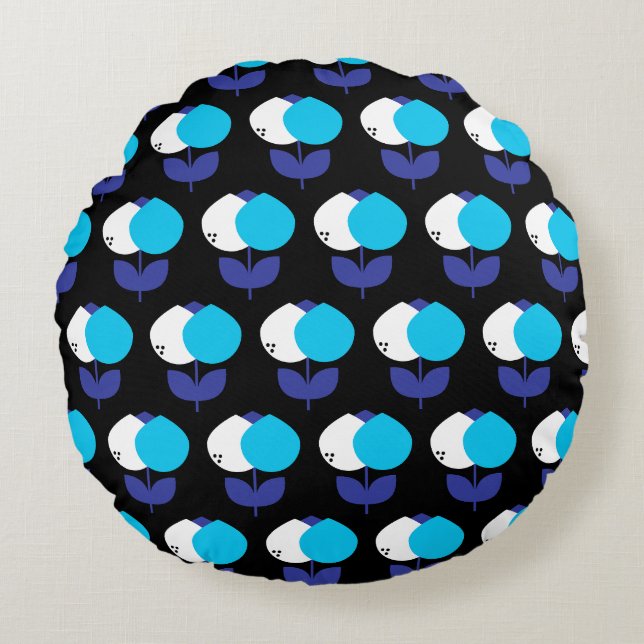 Geometric Tulips Blue and Black Round Cushion (Front)