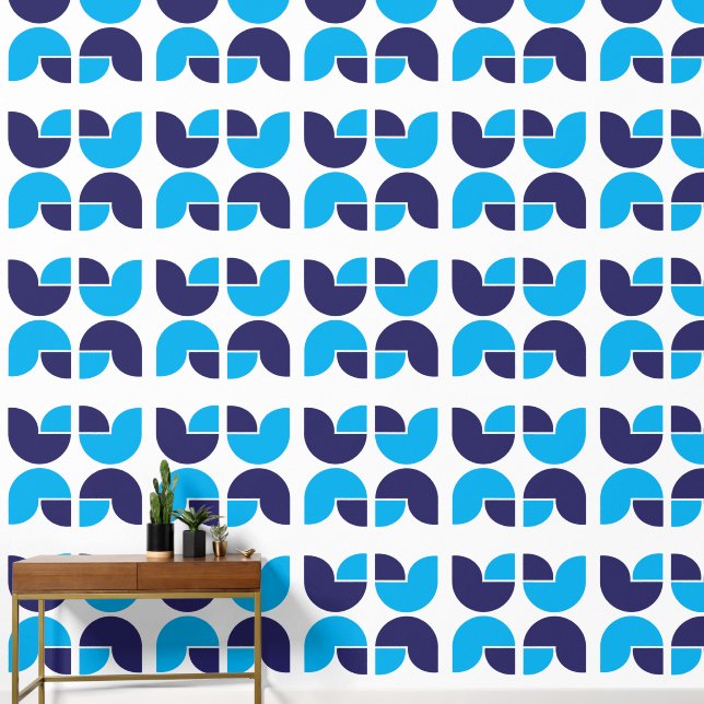 Geometric Tulips Pattern in Blue and Navy Wallpaper (Hallway)