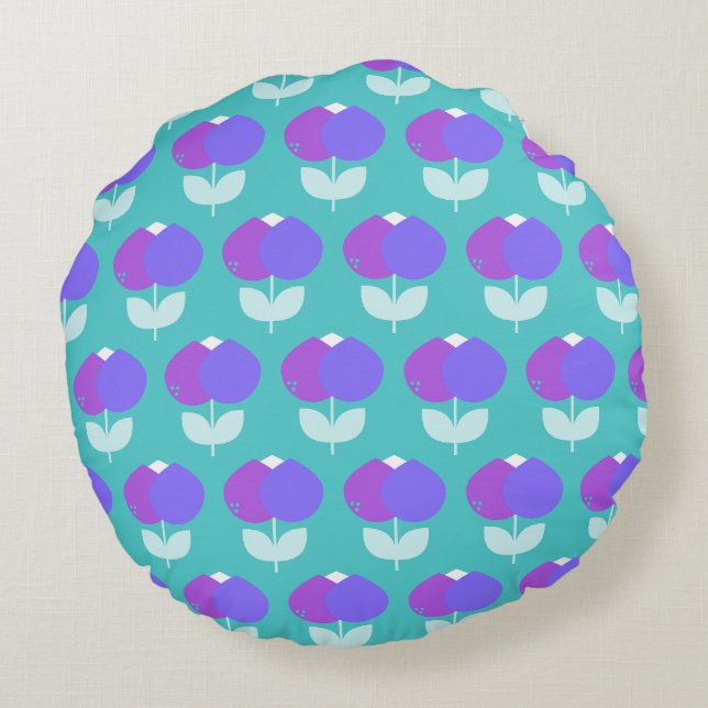 Geometric Tulips Purple and Aqua Round Cushion (Back)