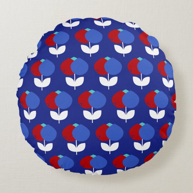 Geometric Tulips Red and Blue Round Cushion (Front)