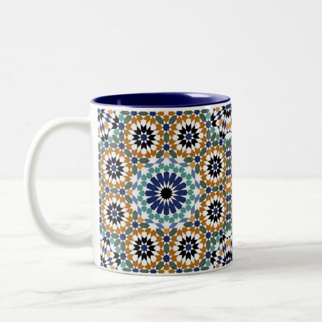 Geometric Turkish Blue and Brown design  Two-Tone Coffee Mug (Left)