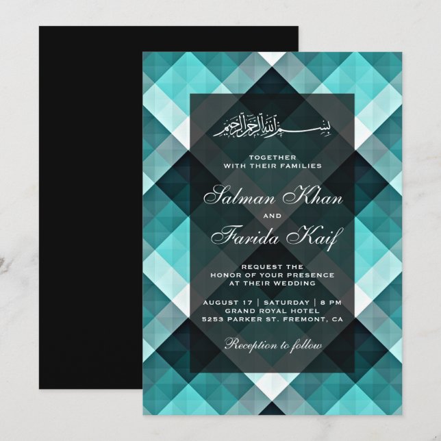 Geometric Turquoise Abstract Islamic Wedding Invitation (Front/Back)
