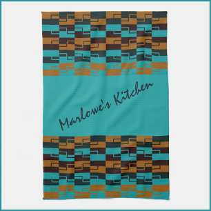 Geometric Turquoise and Brown  Tea Towel