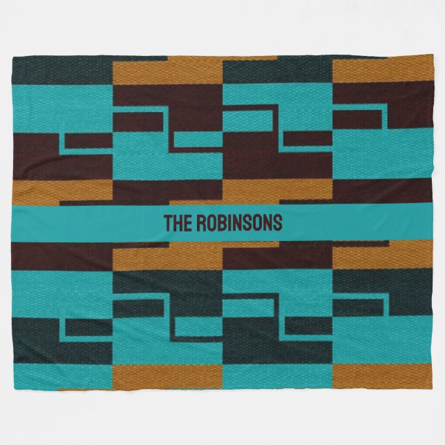 Geometric Turquoise Black and Brown  Fleece Blanket (Front (Horizontal))
