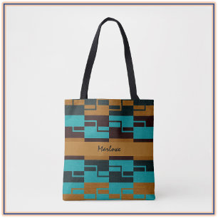 Geometric Turquoise Black and Brown Tote Bag