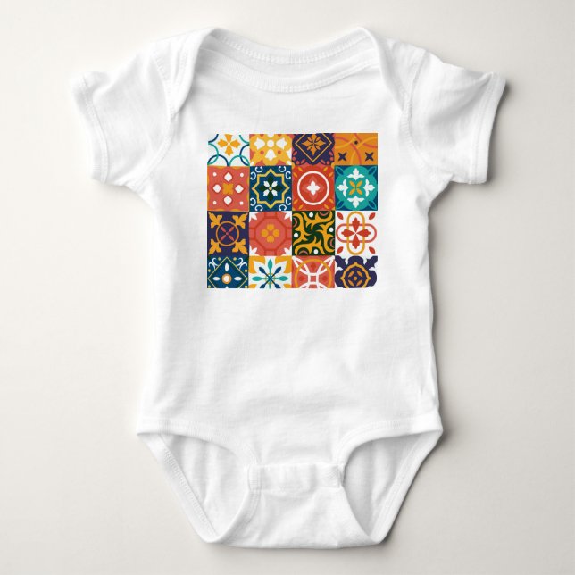 Geometric Vintage Tiles Ornate Pattern Baby Bodysuit (Front)
