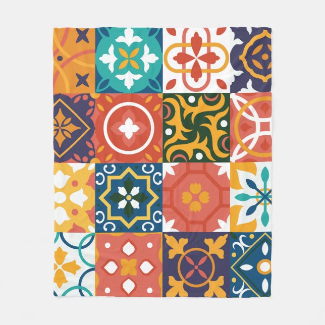 Geometric Vintage Tiles Ornate Pattern Fleece Blanket (Front)