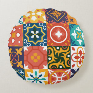Geometric Vintage Tiles Ornate Pattern Round Cushion