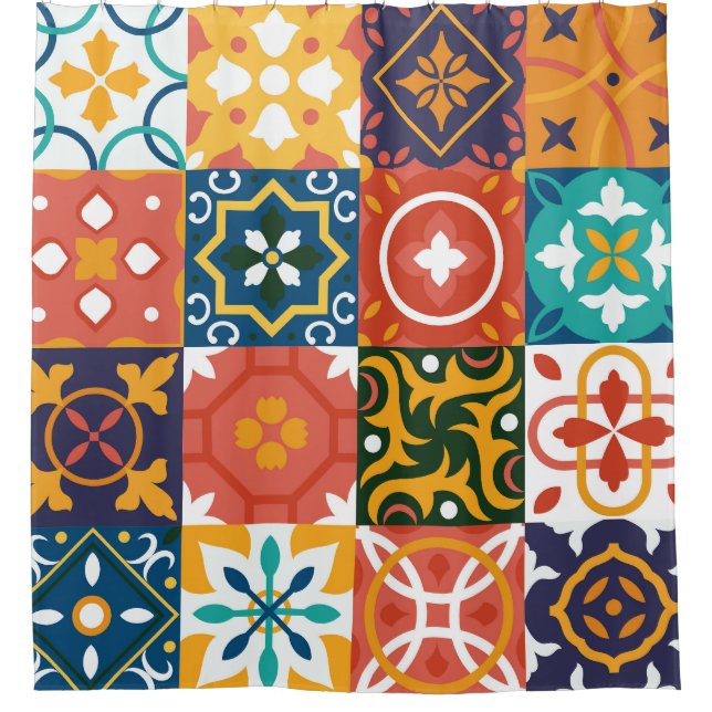 Geometric Vintage Tiles Ornate Pattern Shower Curtain (Front)