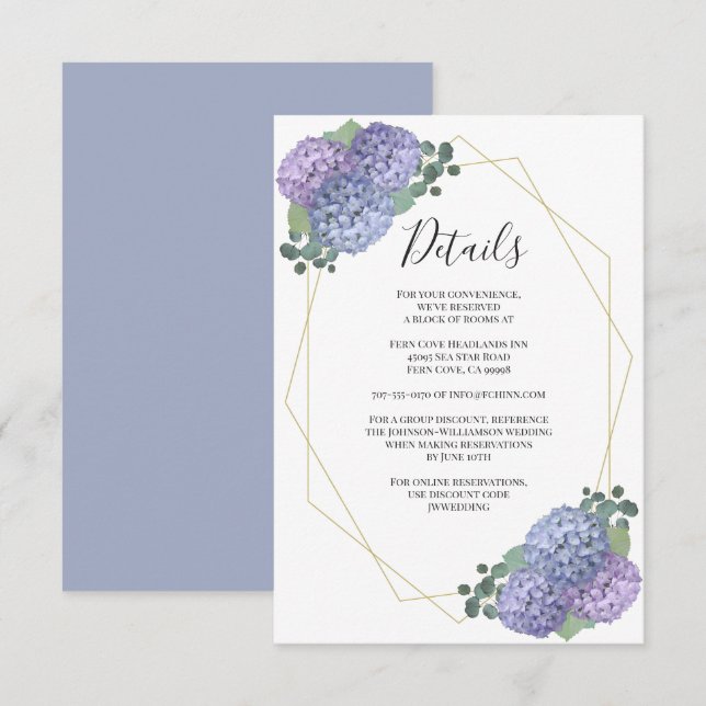 Geometric Watercolor Blue Floral Wedding Details Enclosure Card (Front/Back)