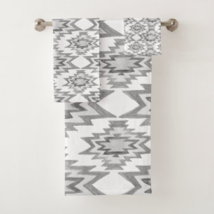 Geometric Watercolor Boho Gray White Pattern Bath Towel Set