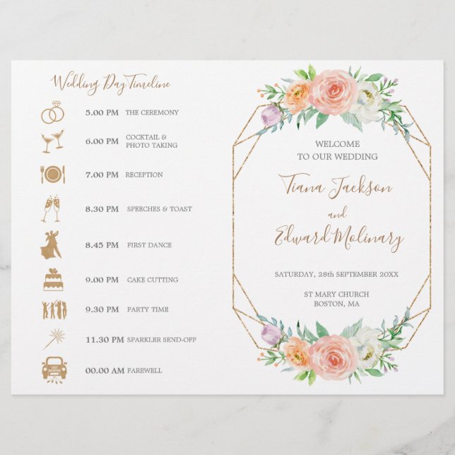 Geometric Watercolor Flower FoldedWedding Timeline (Front)