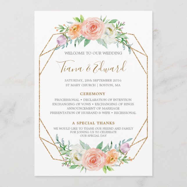 Geometric Watercolor Flowers Wedding Program Programme (Front)