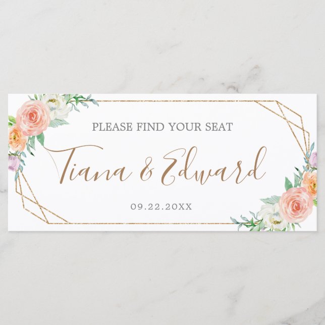 Geometric Watercolor Flowers Wedding Seating Chart Programme (Front)