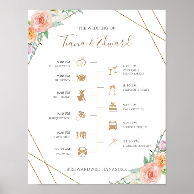Geometric Watercolor Flowers Wedding Timeline Sign (Front)