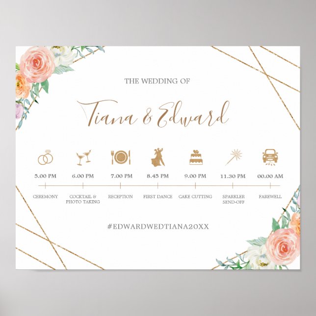 Geometric Watercolor Flowers Wedding Timeline Sign (Front)