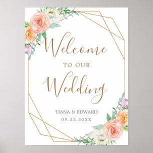 Geometric Watercolor Flowers Wedding Welcome Sign