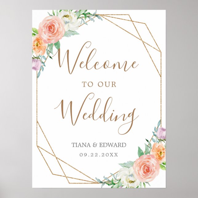 Geometric Watercolor Flowers Wedding Welcome Sign (Front)